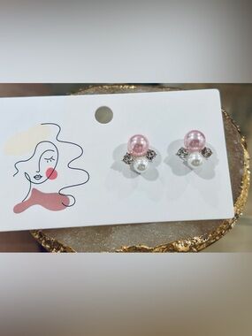 Pink and White Pearl Crystal Stud Earrings
